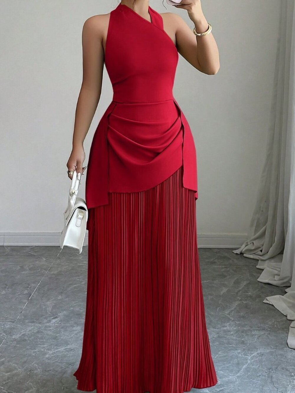 Red Elegant Women's Color Block Halter Backless Waist Cinched Long Party Dress